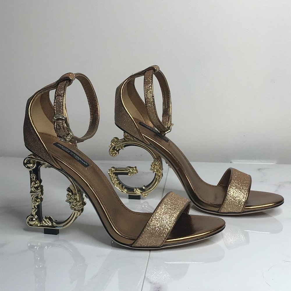 Dolce & Gabbana Bronze Metallic Baroque Logo Heels